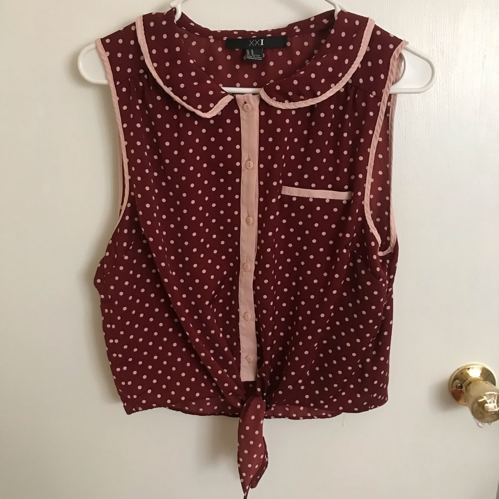 Forever 21 Polka Dot Tie Blouse (Pink/Maroon)